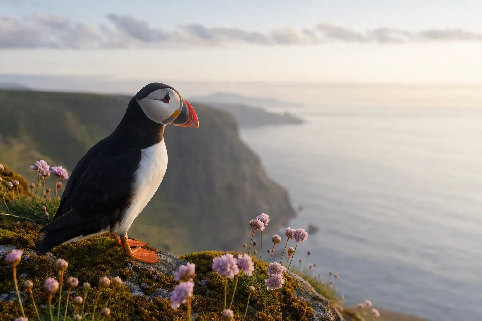 A puffin standing alone on a clifftop, looking out toward the horizon