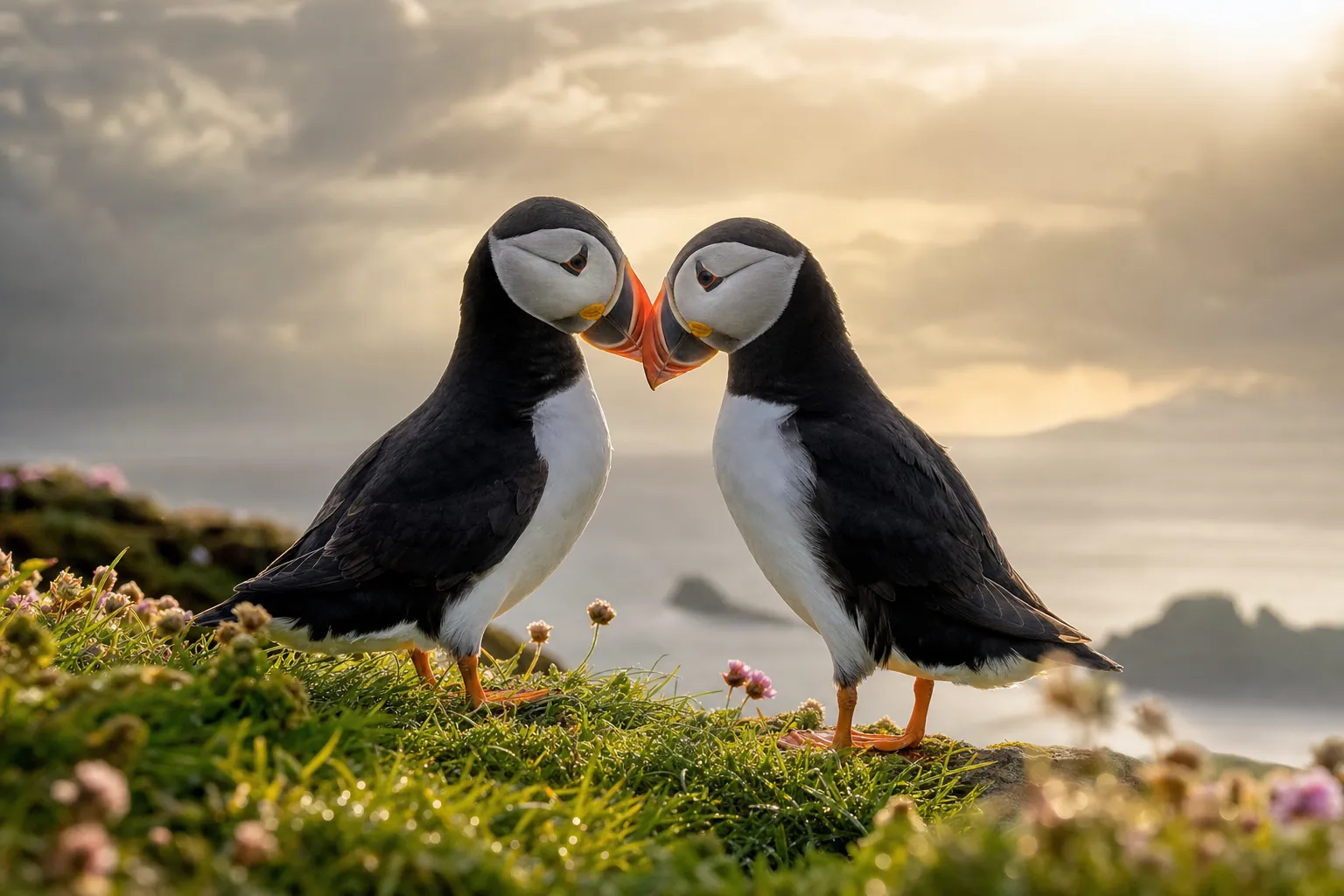 Two puffins gently touching bills on a clifftop as light breaks through cloud